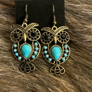 Vintage Owl Earrings with Turquoise Accents